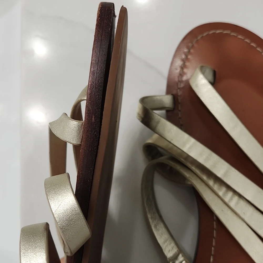 Tory Burch Gold Strappy Leather Sandals with Brown Footbed - Picture 2 of 11